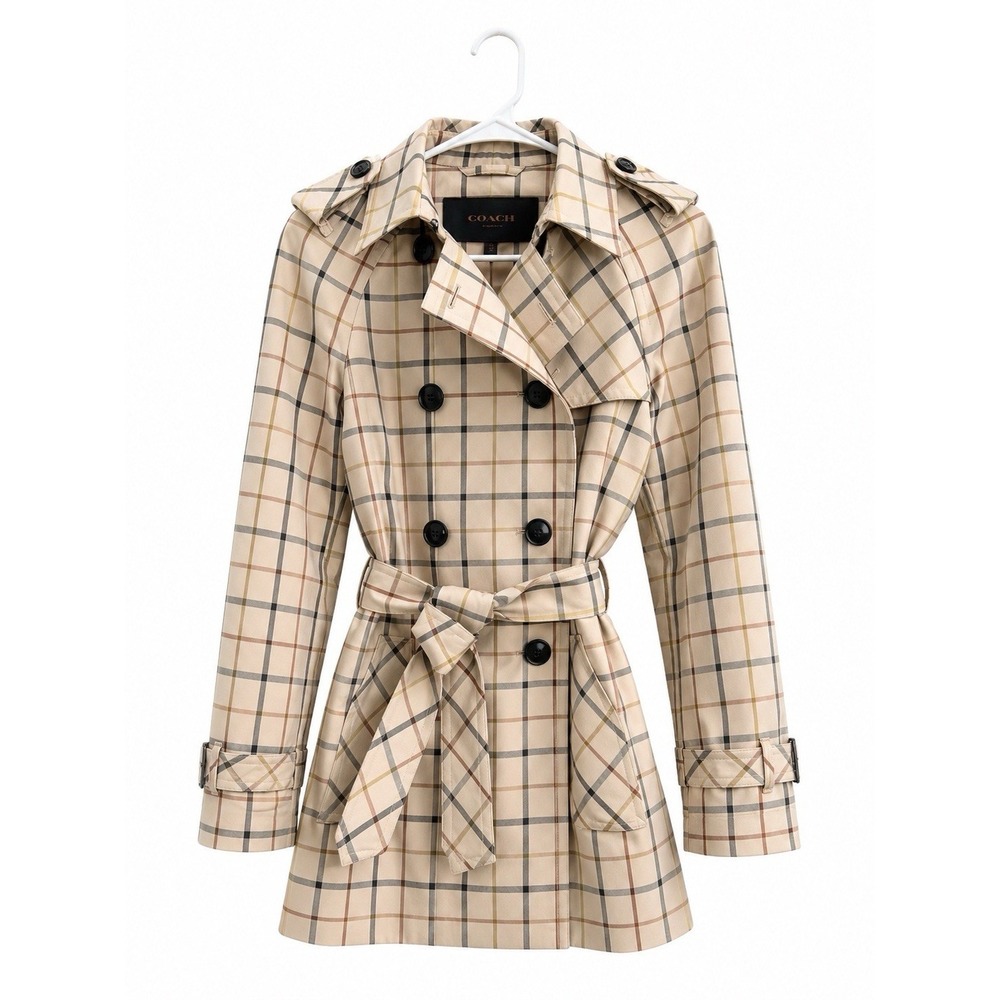 Coach New York Plaid Trench Coat Women's Small Belted Double Breasted Jacket